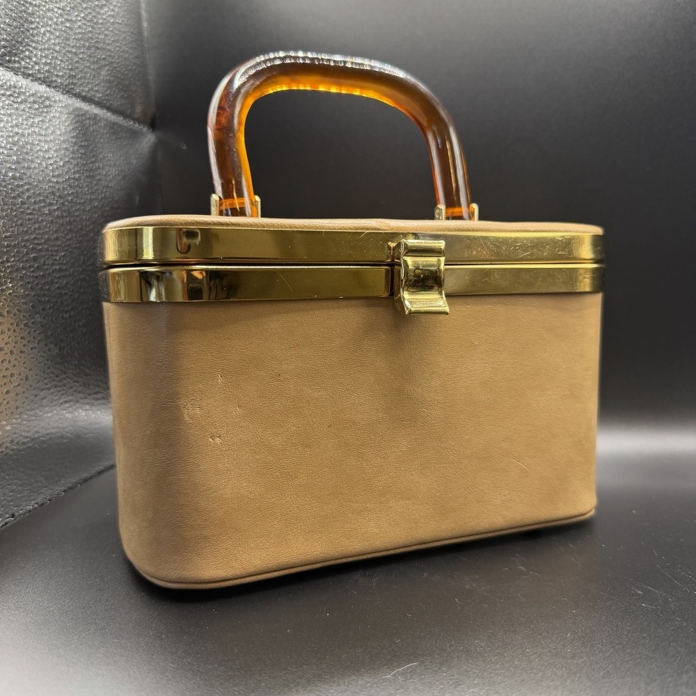 Vintage 1950's Camel Colored Florida Box Purse w/ Amber Lucite Handle MCM